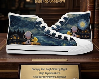 Hand Painted Snoopy Van Gogh Starry Night Shoes Custom Art Sneakers Personalized Converse Style Canvas High Top Shoes Gift for Art Lover