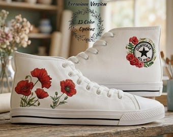 Converse personalizadas con diseño de flor de amapola, zapatos de novia, zapatillas pintadas a mano, regalo de boda para la novia, zapatos bordados con flores, flor roja personalizada