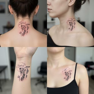 Könnte beinhalten: Vier Schwarz-Weiß-Tattoos mit Babyfußabdrücken. Jedes Tattoo enthält einen Namen, ein Datum und Maße, platziert am Hals, Handgelenk, Brust und Nacken.