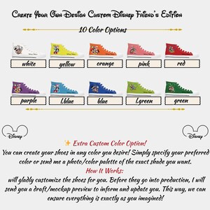 May include: An image displaying ten pairs of high-top trainers in different colours, each with a Disney character design. The colour options include white, yellow, orange, pink, red, purple, light blue, blue, light green, and green. Text reads "Create Your Own Design Custom Disney Friend's Edition."