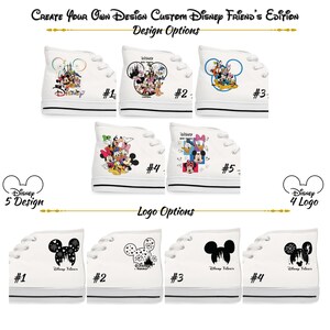 May include: White high-top trainers with Disney character designs. The trainers feature different Disney character graphics, including Mickey Mouse, Minnie Mouse, and other Disney friends. The text "Create Your Own Design Custom Disney Friend's Edition" is at the top.
