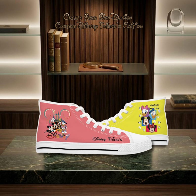 May include: Pink and yellow high-top trainers featuring Disney characters. The pink trainer shows Mickey Mouse and friends, while the yellow trainer showcases Minnie, Daisy, and Donald Duck. The text "Disney Friends" is printed on the side.