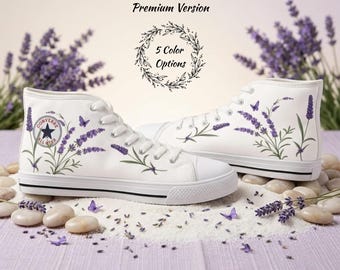 Zapatillas altas para mujer con estampado floral de mariposa lavanda pintado a mano.