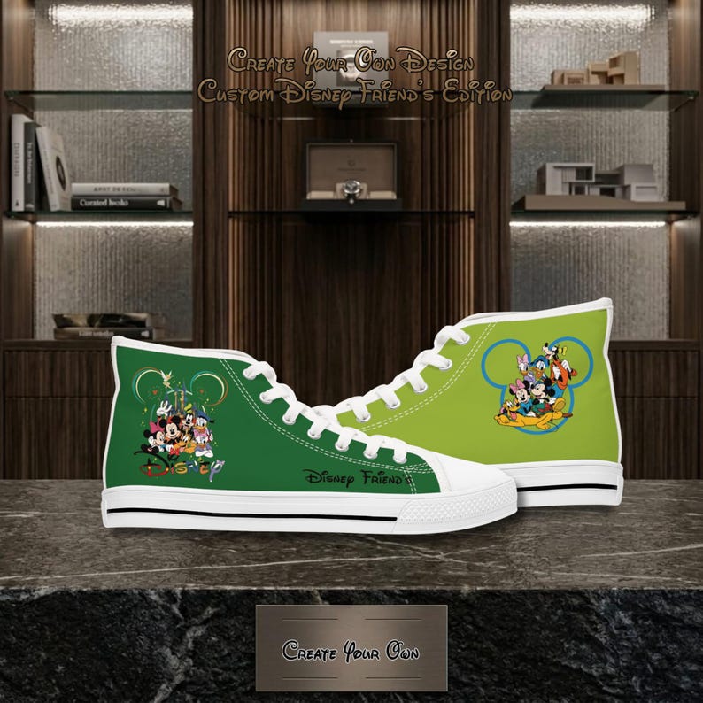 May include: Green high-top trainers with white laces and soles. One trainer features a Disney Friends graphic, the other has a different Disney character design. The text "Create Your Own Design" and "Disney Friends Edition" are visible.