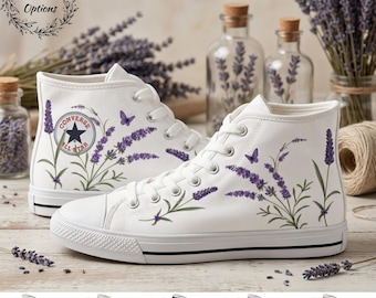 Hand Painted Lavender Butterfly High Top Converse, Floral Wedding Sneakers