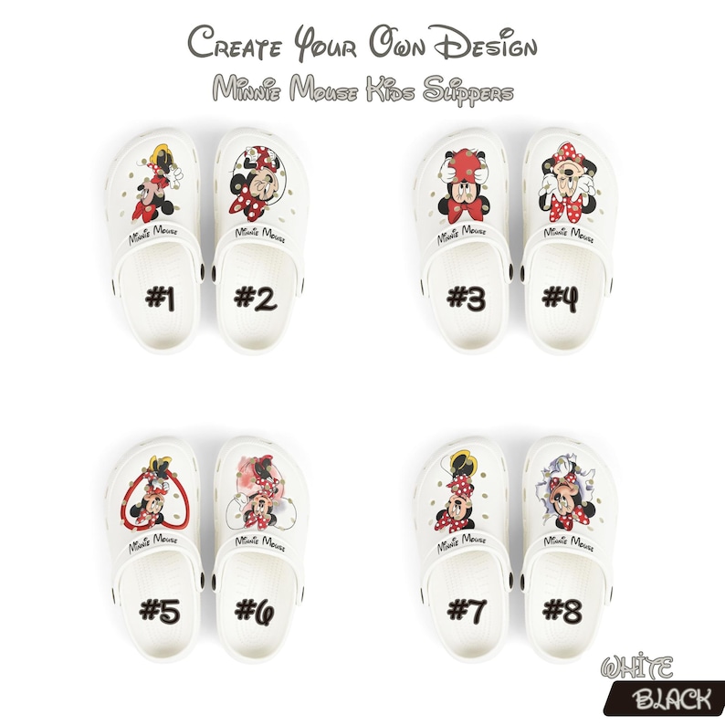 K&ouml;nnte beinhalten: Wei&szlig;e Minnie Mouse Kinderslipper mit verschiedenen Minnie Mouse Designs. Jedes Paar ist von 1 bis 8 nummeriert. Der Text "CREATE YOUR OWN DESIGN" und "Minnie Mouse Kids Slippers" sind sichtbar. Erh&auml;ltlich in Wei&szlig; und Schwarz.