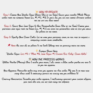 May include: A white background with handwritten text in various colours, detailing the ordering process for custom shoes. Instructions include design style, logo, colour choice, and personalisation. An example order note is also provided.