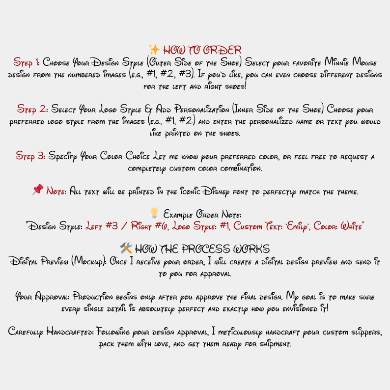 May include: A white background with handwritten text in various colours, detailing the ordering process for custom shoes. Instructions include design style, logo, colour choice, and personalisation. An example order note is also provided.