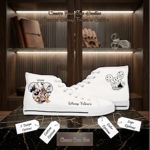 May include: White high-top trainers with Disney character graphics. One trainer features a circular design with multiple characters, the other has a Mickey Mouse head silhouette. The text "Disney Friend's" is printed on the side.