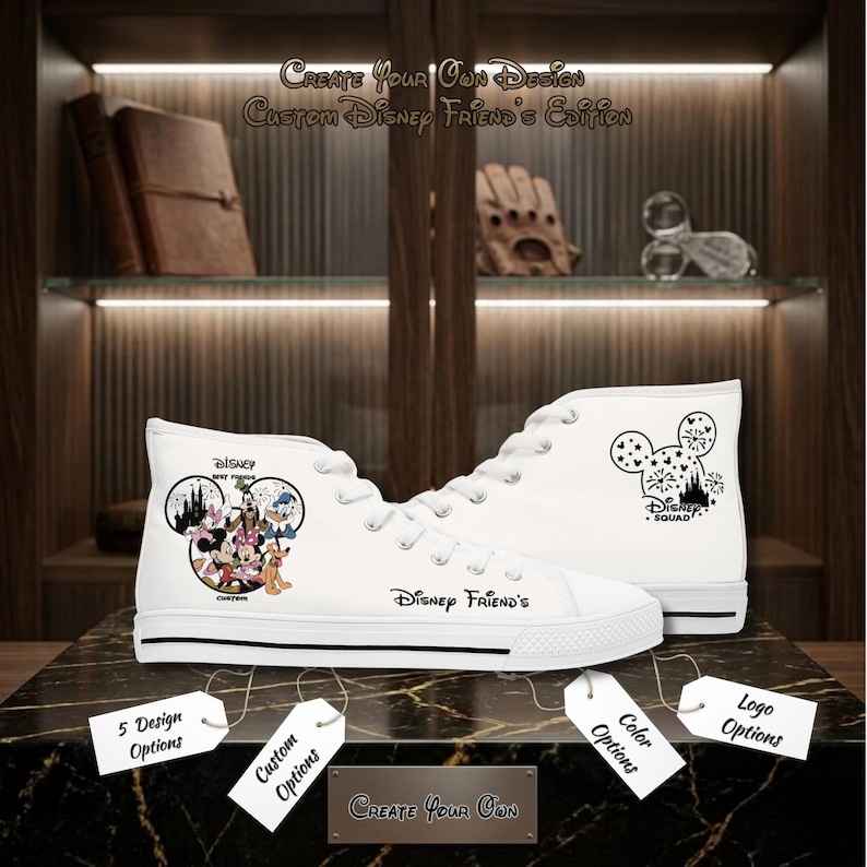 May include: White high-top trainers with Disney character graphics. One trainer features a circular design with multiple characters, the other has a Mickey Mouse head silhouette. The text "Disney Friend's" is printed on the side.