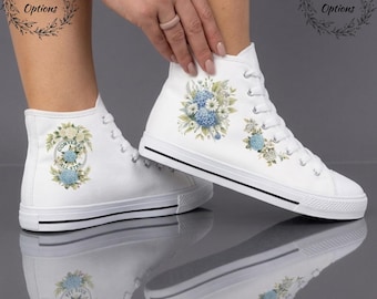 Blue Hydrangea Floral Bridal Sneakers Women's High Top Sneakers | Something Blue Wedding Shoes