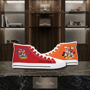 May include: Red and orange high-top trainers featuring Disney characters. The red trainer has a Mickey Mouse head outline with Disney characters. The orange trainer has a group of Disney characters. The text "Disney Friends" is on the red trainer.