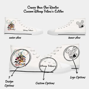 May include: White high-top trainers with Disney designs. The footwear showcases Disney character graphics and the text "Disney Friend's." The image highlights design and logo options, including "Disney Squad."