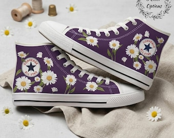 Custom Daisy Embroidered High Top Sneakers, Floral Canvas Shoes
