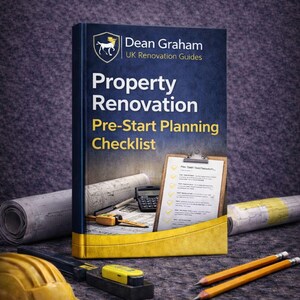 Puede incluir: Un libro titulado "Property Renovation Pre-Start Planning Checklist" con el texto "Dean Graham UK Renovation Guides". La imagen incluye un casco amarillo, lápices, planos y una calculadora, lo que sugiere un tema de construcción.