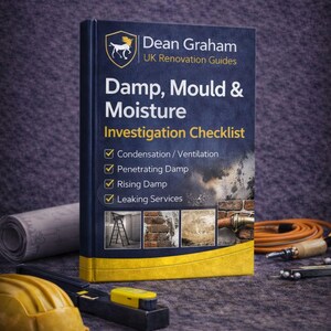 May include: A book titled "Damp, Mould & Moisture Investigation Checklist" by Dean Graham, UK Renovation Guides. The cover features a checklist with topics like condensation, penetrating damp, and leaking services. A yellow hard hat, stapler, and other tools are in the foreground.