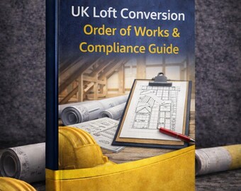 May include: A book titled "UK Loft Conversion Order of Works & Compliance Guide" by Dean Graham. The cover is dark blue with yellow accents and a logo. Construction blueprints, a clipboard with a house plan, pencils, and hard hats are also visible.