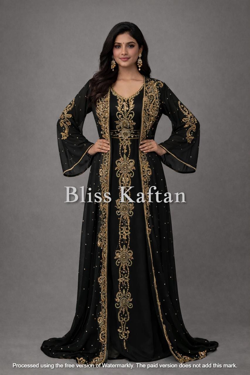 green emerald velvet dress Ottoman Islamic Black Gold Embellished A Line Hijab Henna Party Gown
