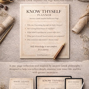 May include: A beige "Know Thyself Planner" with text and questions, inspired by ancient Greek philosophy. The image includes a pen, a candle, and a cup of coffee. The planner is available in print, iPad, and tablet formats.