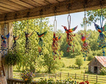 Beaded Hummingbird Hanging Ornament, Handmade Colorful Decor, Window Sun Catcher Style Boho Garden Decor, Nature Lover Gift Artisan Beadwork