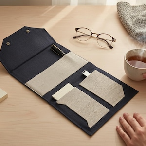 May include: A navy blue and beige organizer is open on a light wood surface. The organizer has multiple pockets and compartments, including a pen holder and spaces for small notepads and a USB drive. A pair of glasses and a cup of tea are nearby.