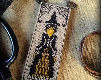 Halloween cross stitch kit. Make your own creepy crow raven witch ornament. Great gift idea for crafty stitchers