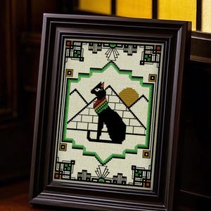 Black cat cross stitch pattern pdf download. Egyptian, art deco style design by The Elfin Forest