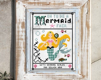 Mermaid cross stitch pattern primitive vintage style needlepoint pdf download with poem printable embroidery chart by The Elfin Forest