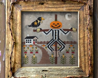 Halloween cross stitch pattern primitive country crow & scarecrow. Fall or Autumn harvest pumpkin patch small 6 inches by The Elfin Forest