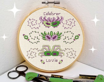 Mardi Gras New Orleans cross stitch pattern masquerade venetian masks needlepoint Celebrate Life in French embroidery Carnival download