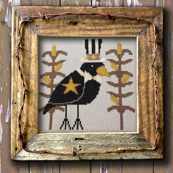 Primitive crow fall cross stitch pattern download "Watching the Corn Grow" by The Elfin Forest