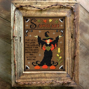 Samhain witch cross stitch pattern pagan Halloween, Wiccan sabbat primitive style pdf download by The Elfin Forest