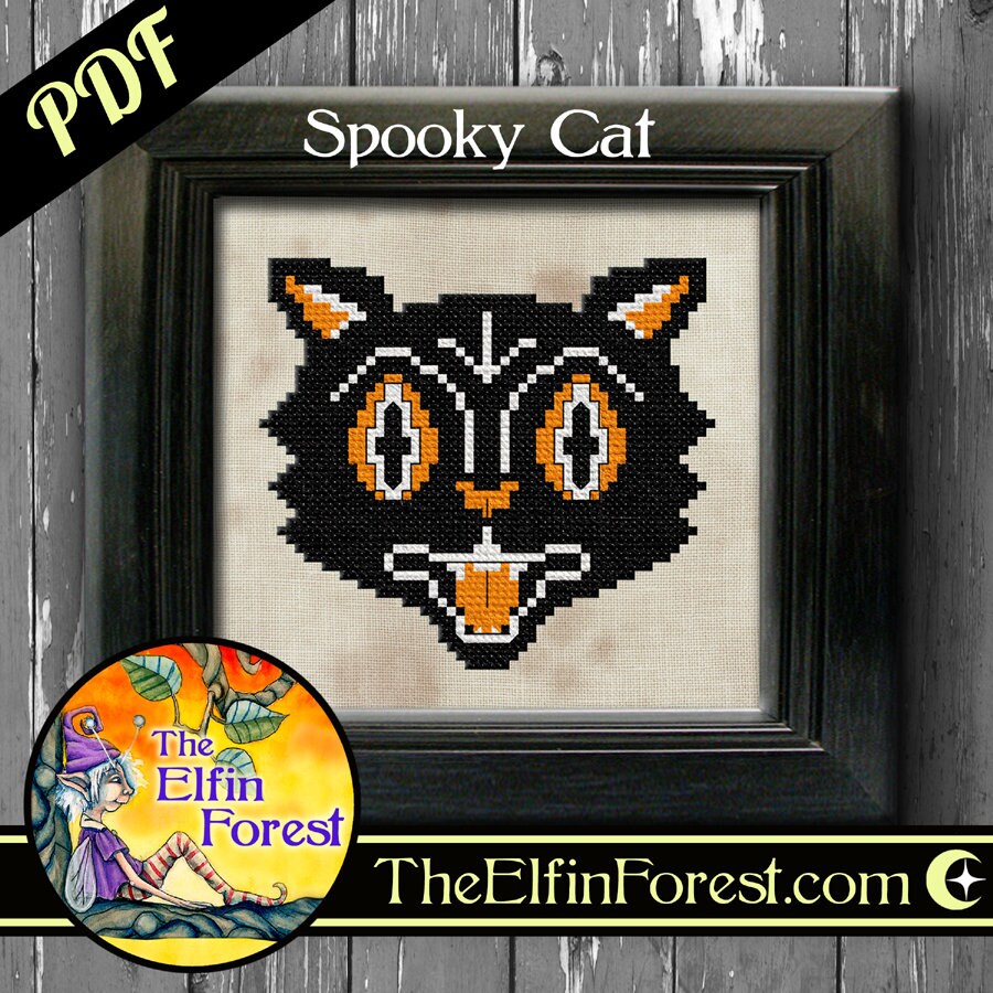 Halloween Cross Stitch Pattern Vintage Black Cat Face by the Elfin ...