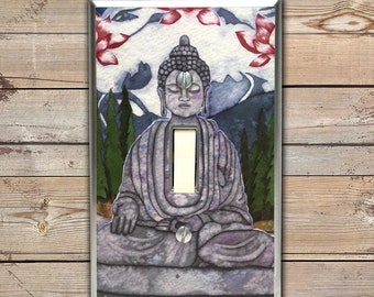 Boeddha lichtschakelaar plaatafdekking spiritueel, vredig, meditatie of yoga kamerdecor. Geweldige sfeer. Zen-cadeau voor yogi