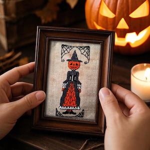 Halloween Witch Cross Stitch Pattern Pumpkin Head pdf download by The Elfin Forest