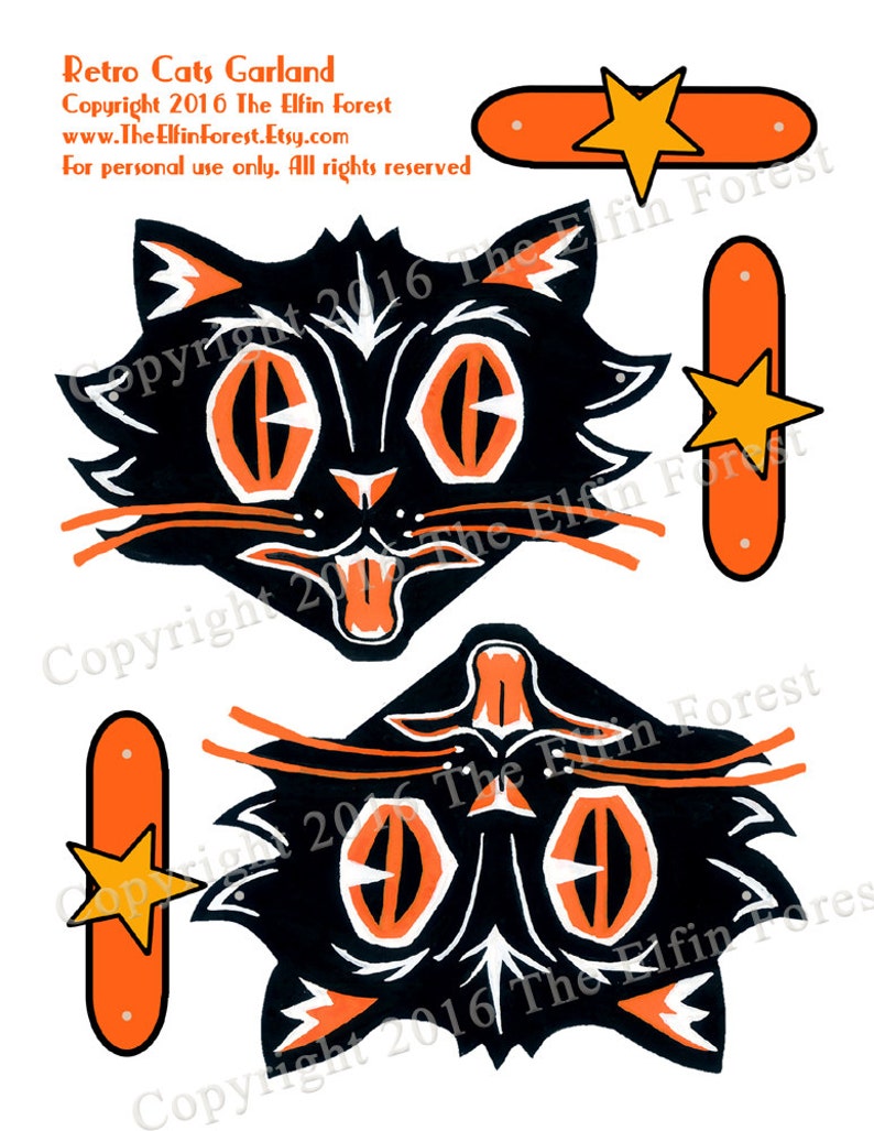 Retro vintage Halloween black cat garland decoration instant Etsy