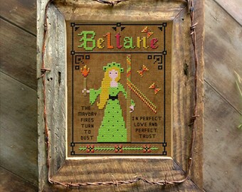 Beltane sabbat Keltische kruissteekpatroon download primitieve heidense meiboomgodin en Beltaine gedicht borduurkaart door The Elfin Forest