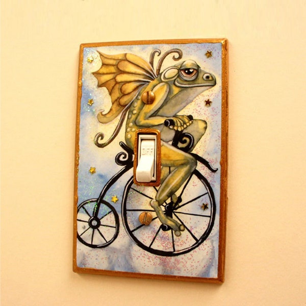 Frog light switch cover fairy lightswitch single handmade unique switch plate with gold stars and glitter by the Elfin Forest