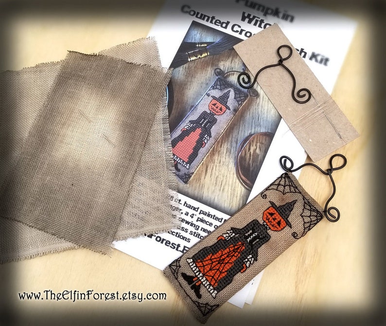 Halloween cross stitch kit primitive witch, pagan style ornament craft project kit with rustic hand dyed linen by The Elfin Forest image 2