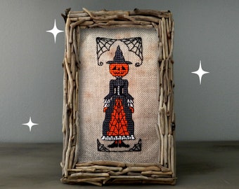 Halloween witch cross stitch pattern pagan, primitive, creepy, pumpkin-headed witch pdf download by The Elfin Forest