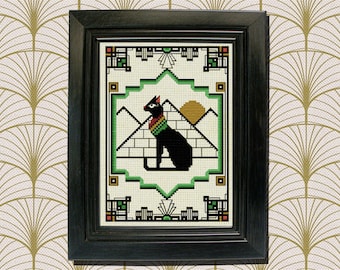 Egyptian cat cross stitch pattern art deco Egypt design with pyramids, black cat, primitive Cleopatra pdf chart download by The Elfin forest