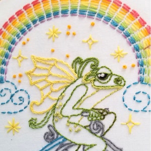 Printed hand embroidery pattern DIY frog fairy, rainbow, bicycle design stamped on cotton fabric panel Make a baby quilt or nursery art gift image 4