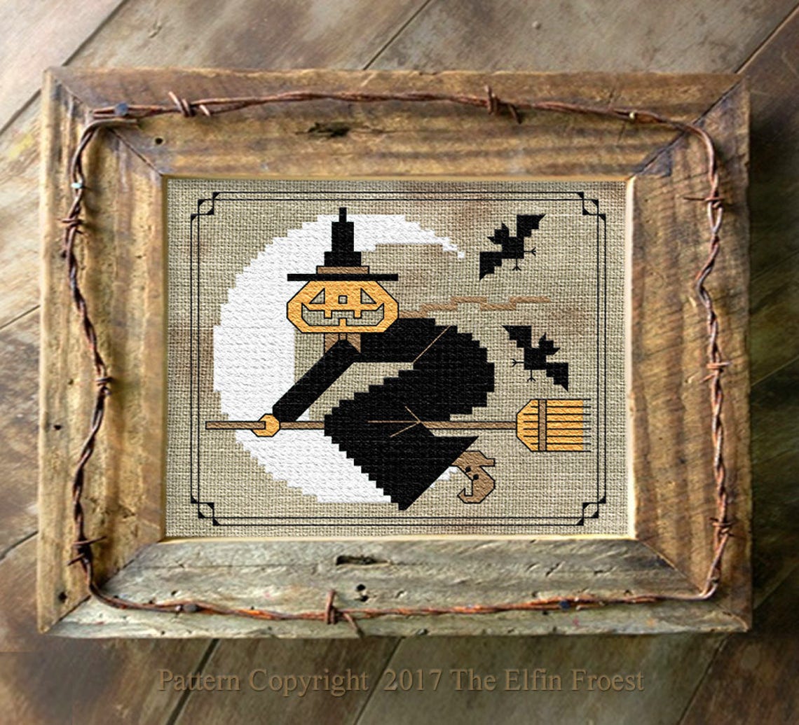 Primitive Halloween Cross Stitch Pattern Jack 'o Lantern, Pumpkin Head ...