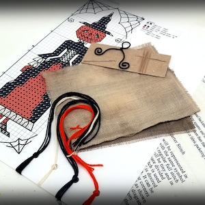 Halloween cross stitch kit primitive witch, pagan style ornament craft project kit with rustic hand dyed linen by The Elfin Forest image 5