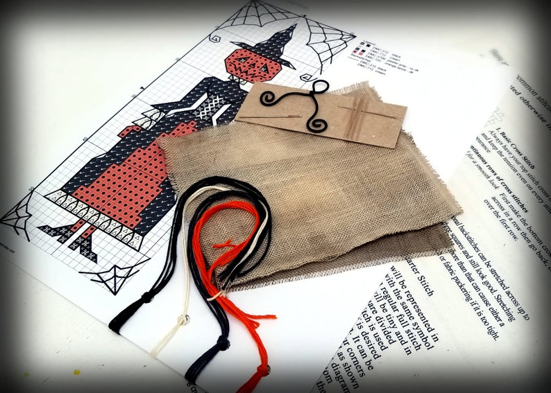 Halloween cross stitch kit primitive witch, pagan style ornament craft project kit with rustic hand dyed linen by The Elfin Forest image 5