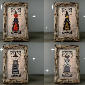 A set of four primitive Halloween cross stitch patterns featuring witches with skull, animal and pumpkin heads