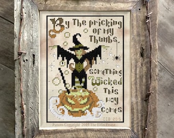 Halloween witch cross stitch pattern Something Wicked This Way Comes primitive pagan style design PDF download