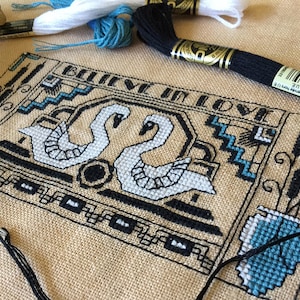 Believe in Love swan cross stitch pattern pdf download. Art deco design by the Elfin Forest