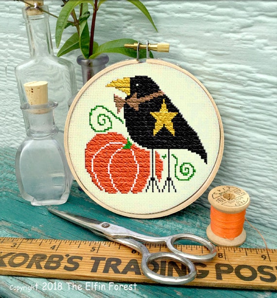 Halloween Cross Stitch Kit Black Crow Primitive Needle Point Etsy