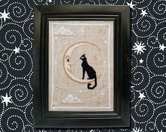 Black cat & moon cross stitch pattern download magical, witchy, celestial, smiling, crescent moon designed by The Elfin Forest